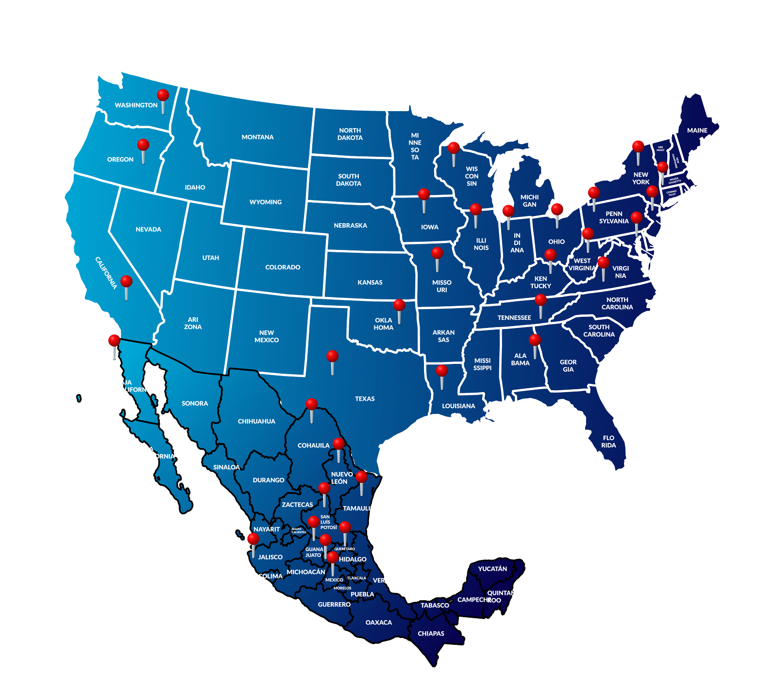 Mapa de cobertura de CAFE57: 7 patios en México y Texas, y los cruces de Colombia, Laredo y El Paso